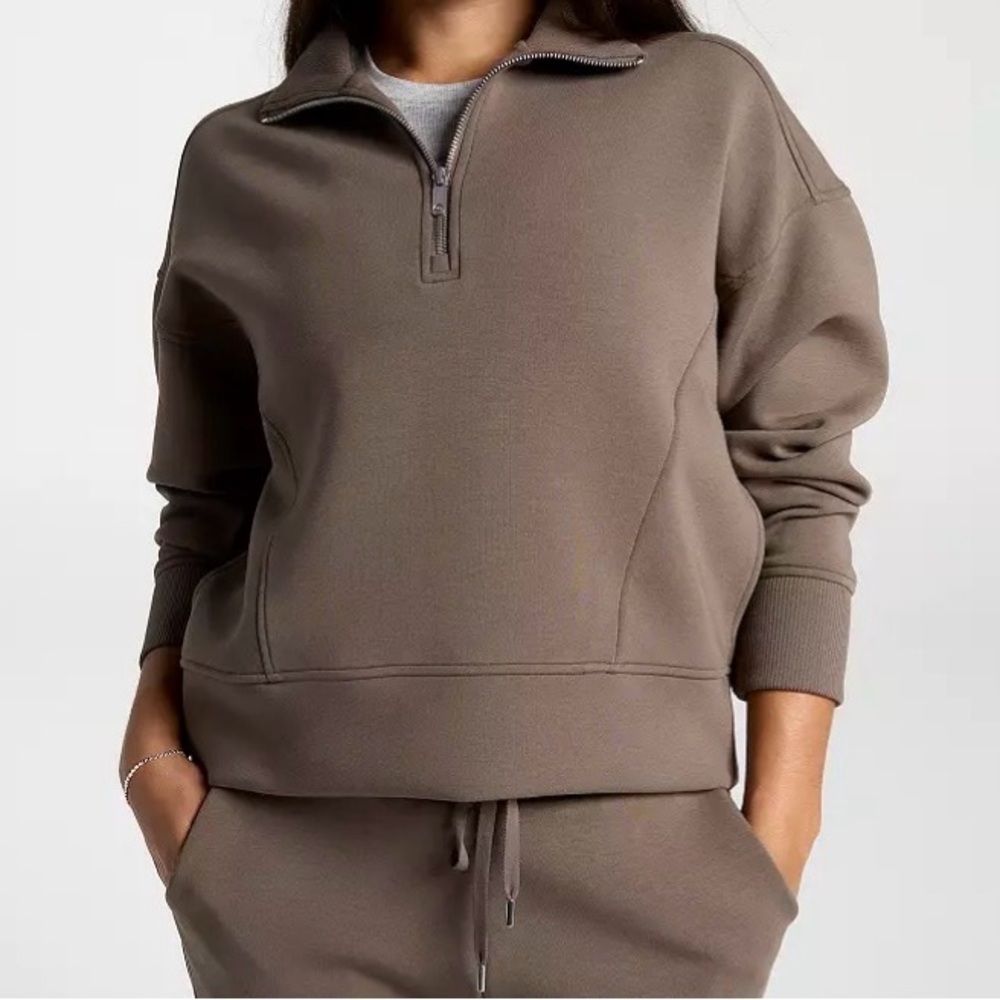 CALIA Women's Soft Scuba Mock Neck 1/4 Zip Ribbed Textured Neutral Golf Crop L